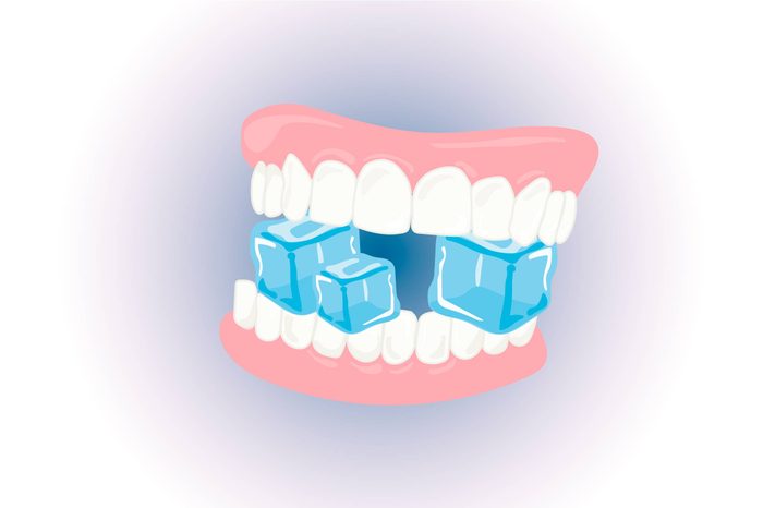 Illustration of teeth biting down on ice cubes.