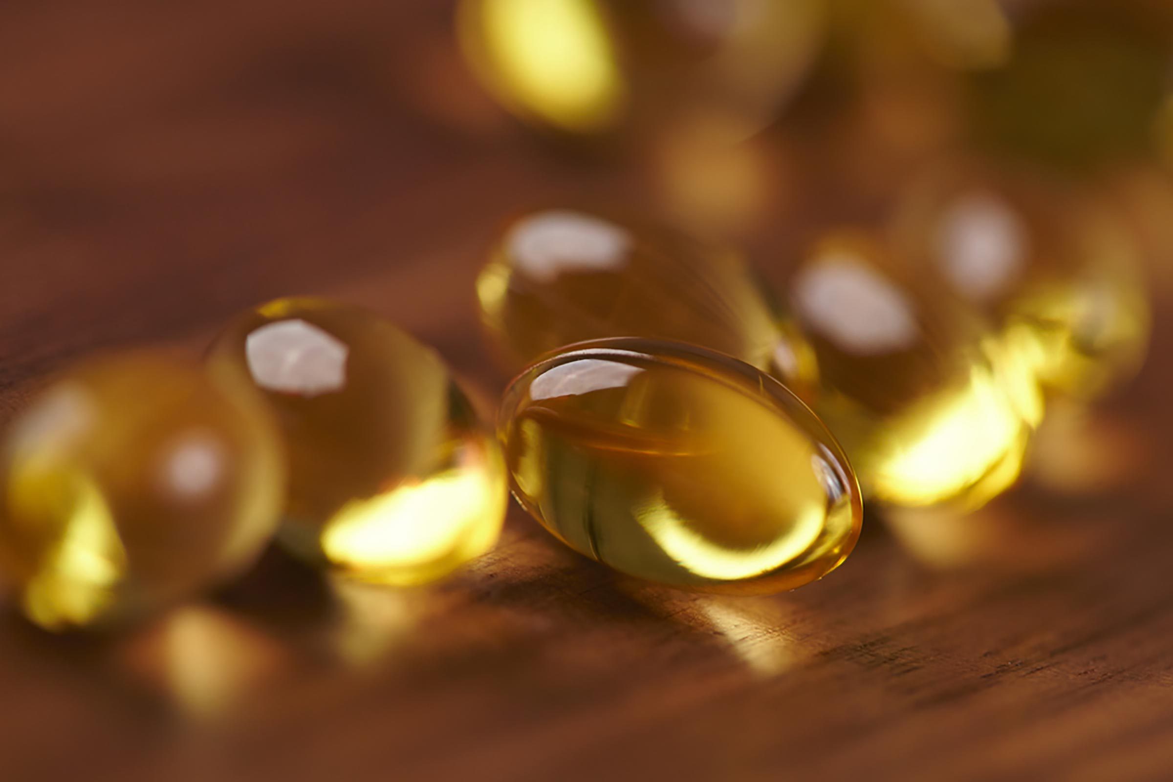 Close-up of fish oil capsules