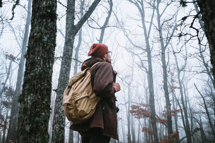 man walking on a dark path through a spooky forest. 