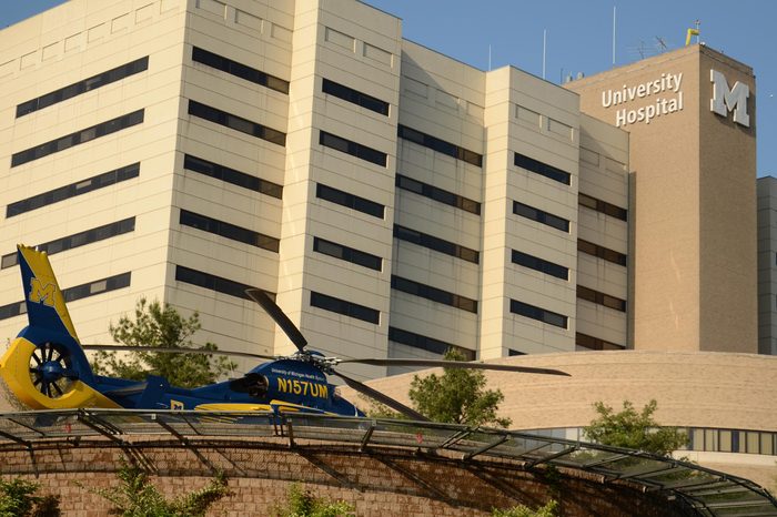 ANN ARBOR, MI - JUNE 3: Survival Flight helicopter sits at its helipad on June 3, 2014 in Ann Arbor, MI. Survival flight has transported over 57,000 patients in over 30 years.