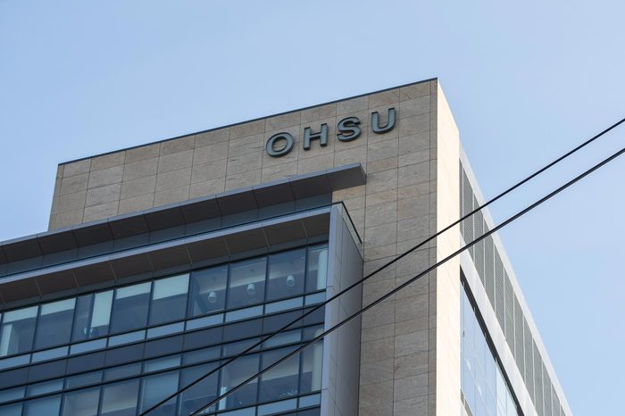 Portland, OR / USA - November 15 2018: Oregon health and science university building (OHSU) in downtown waterfront park.