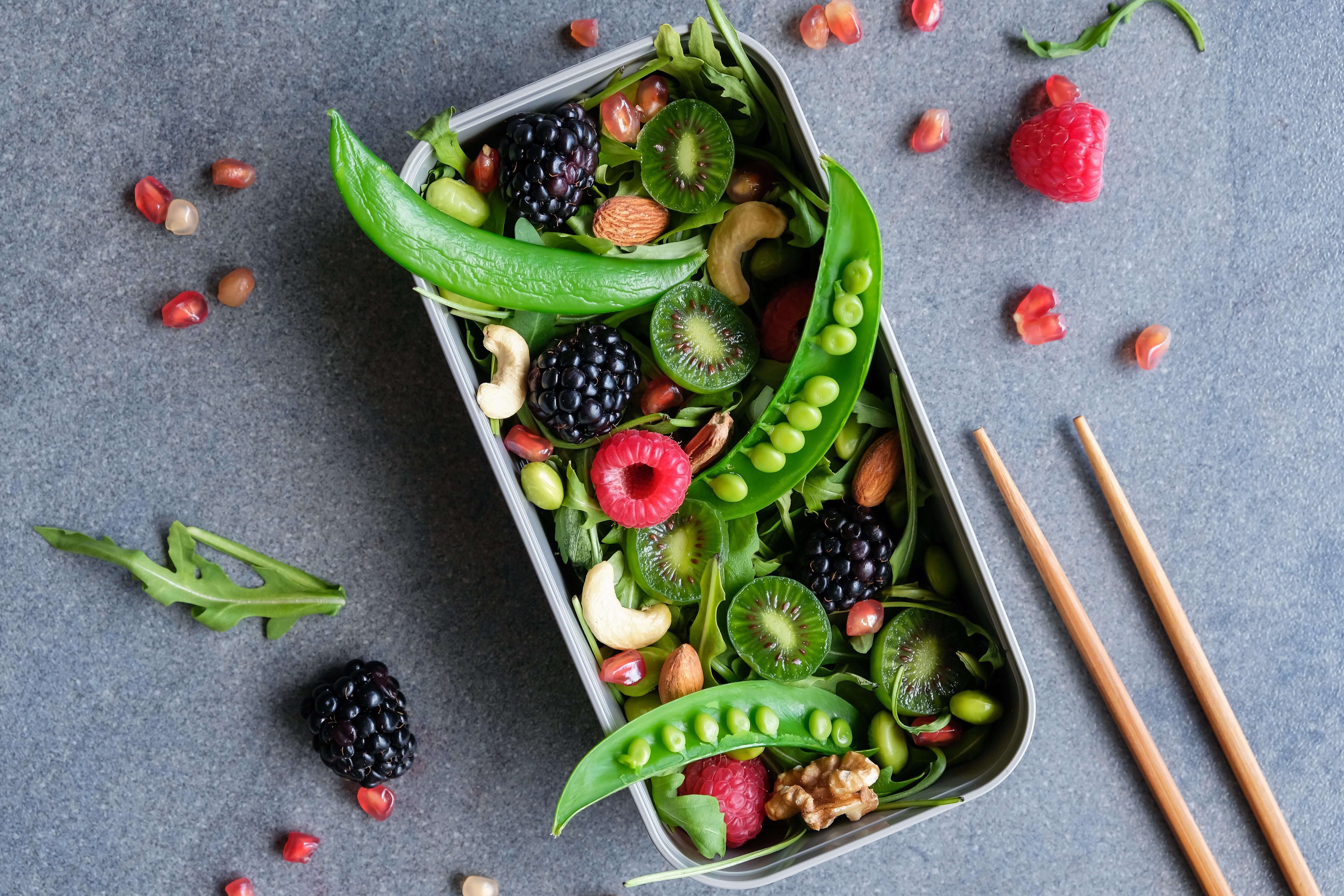 salad with peas, fruit, kiwi and other fruits and veggies