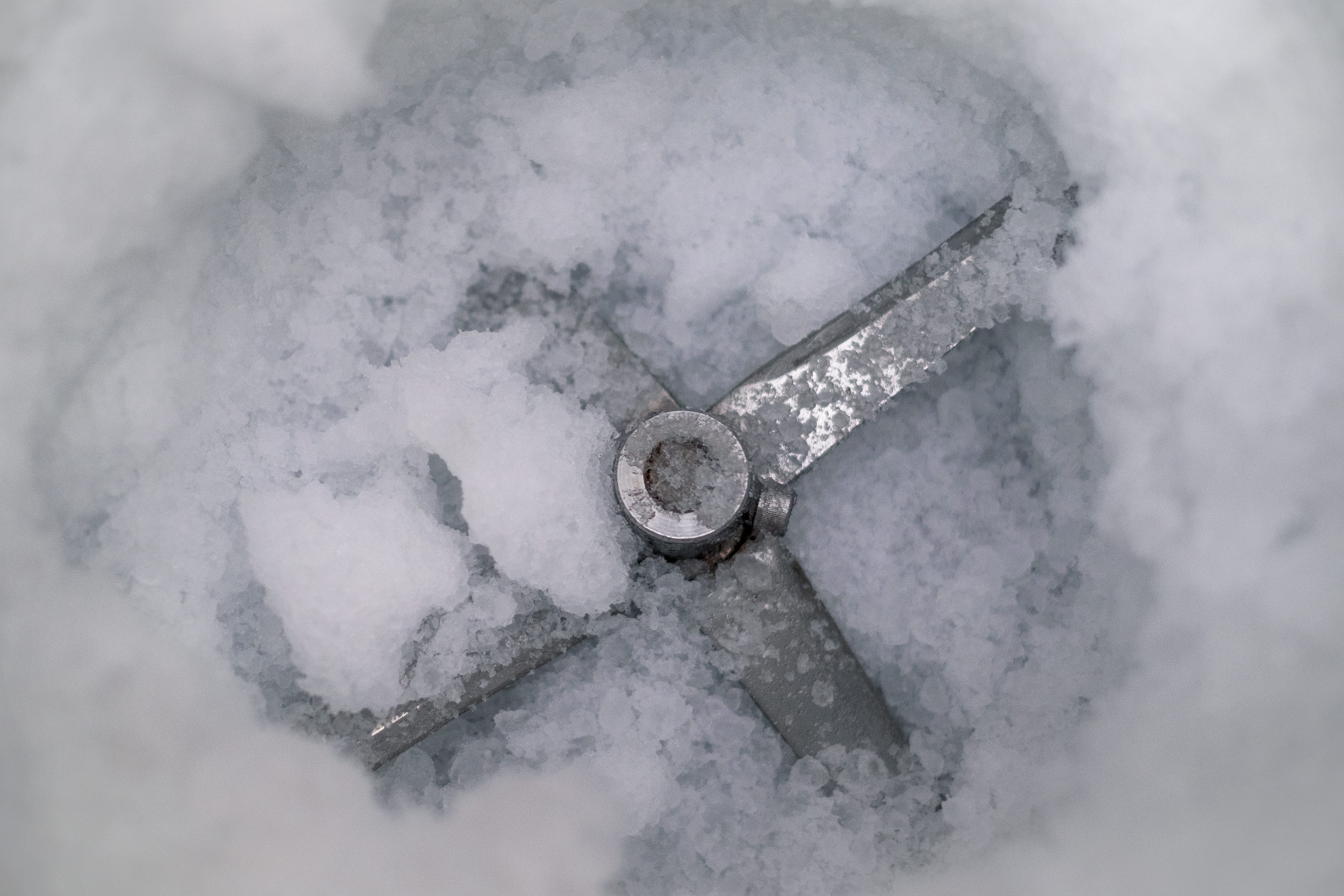 Top View. Ice in a large blender