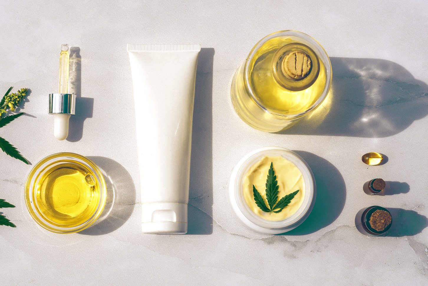 Cosmetics CBD oil. Cosmetic Products with cannabis Oil, tincture Flat lay