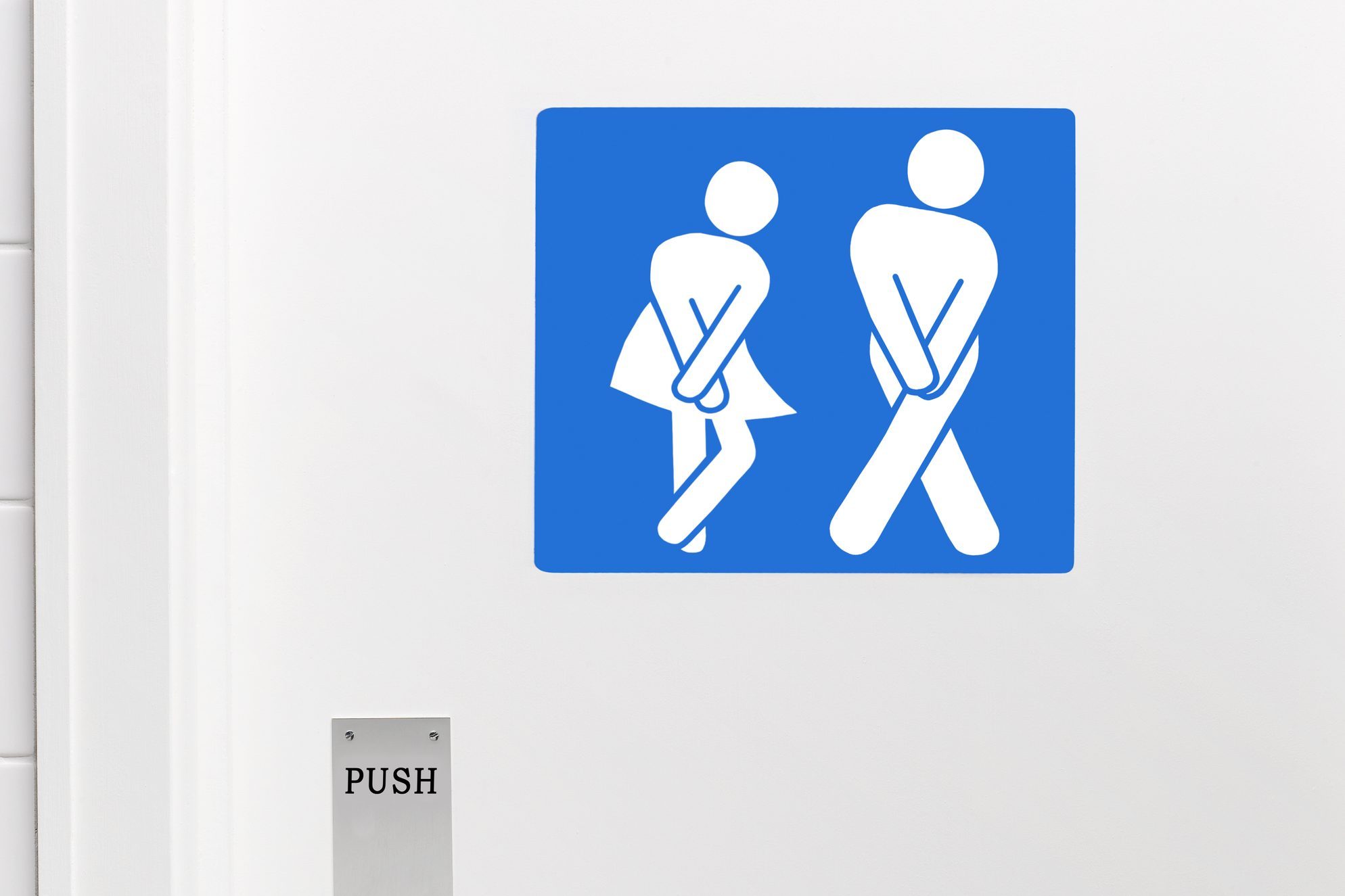 Gender neutral toilet sign, legs crossed urgent need to urinate