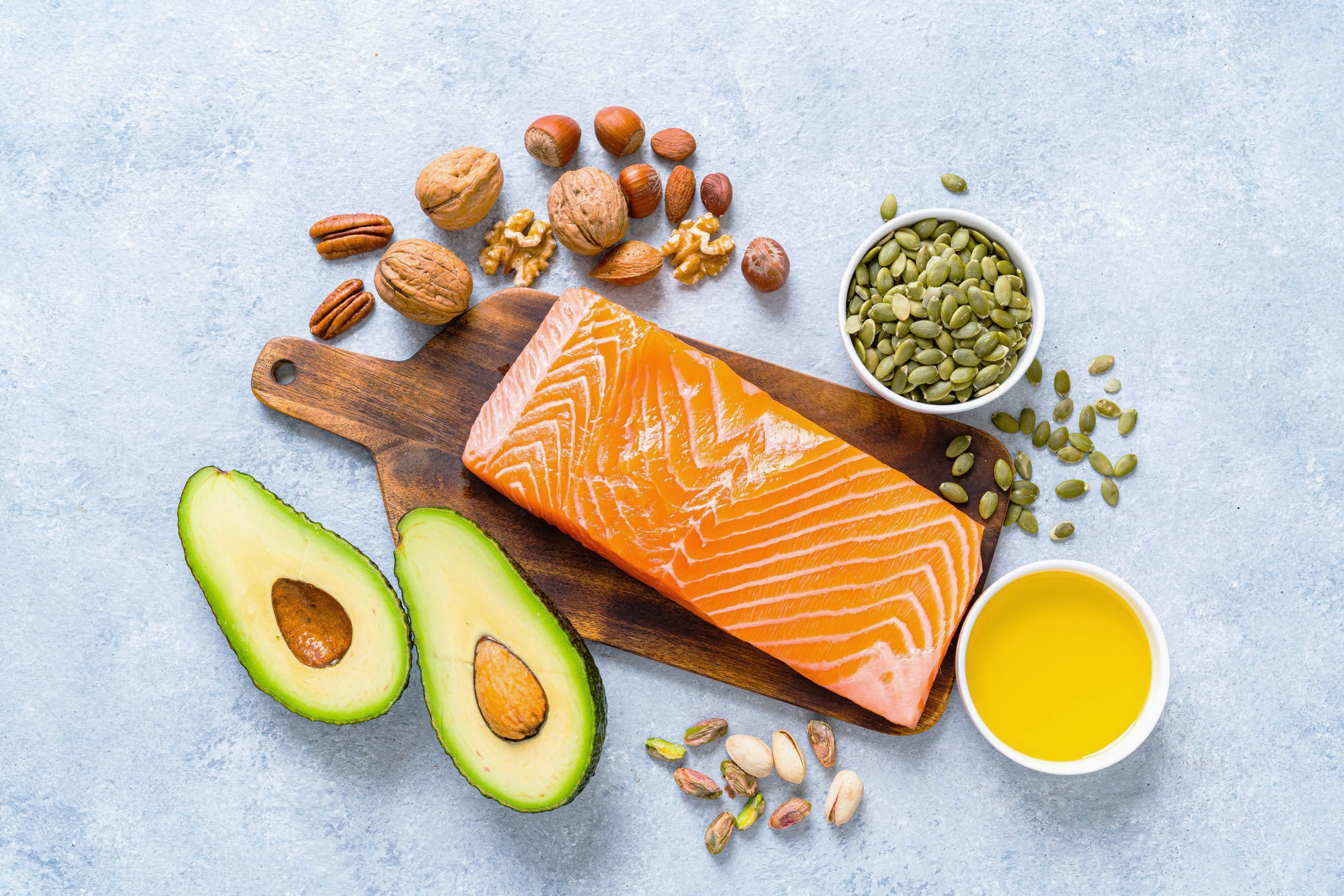 Food with high content of healthy fats. Overhead view.