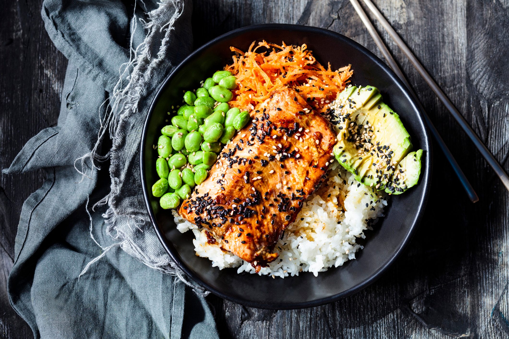 Bowl ofteriyakisalmon with rice, carrot salad,edamamebeans, avocado and sesame seeds