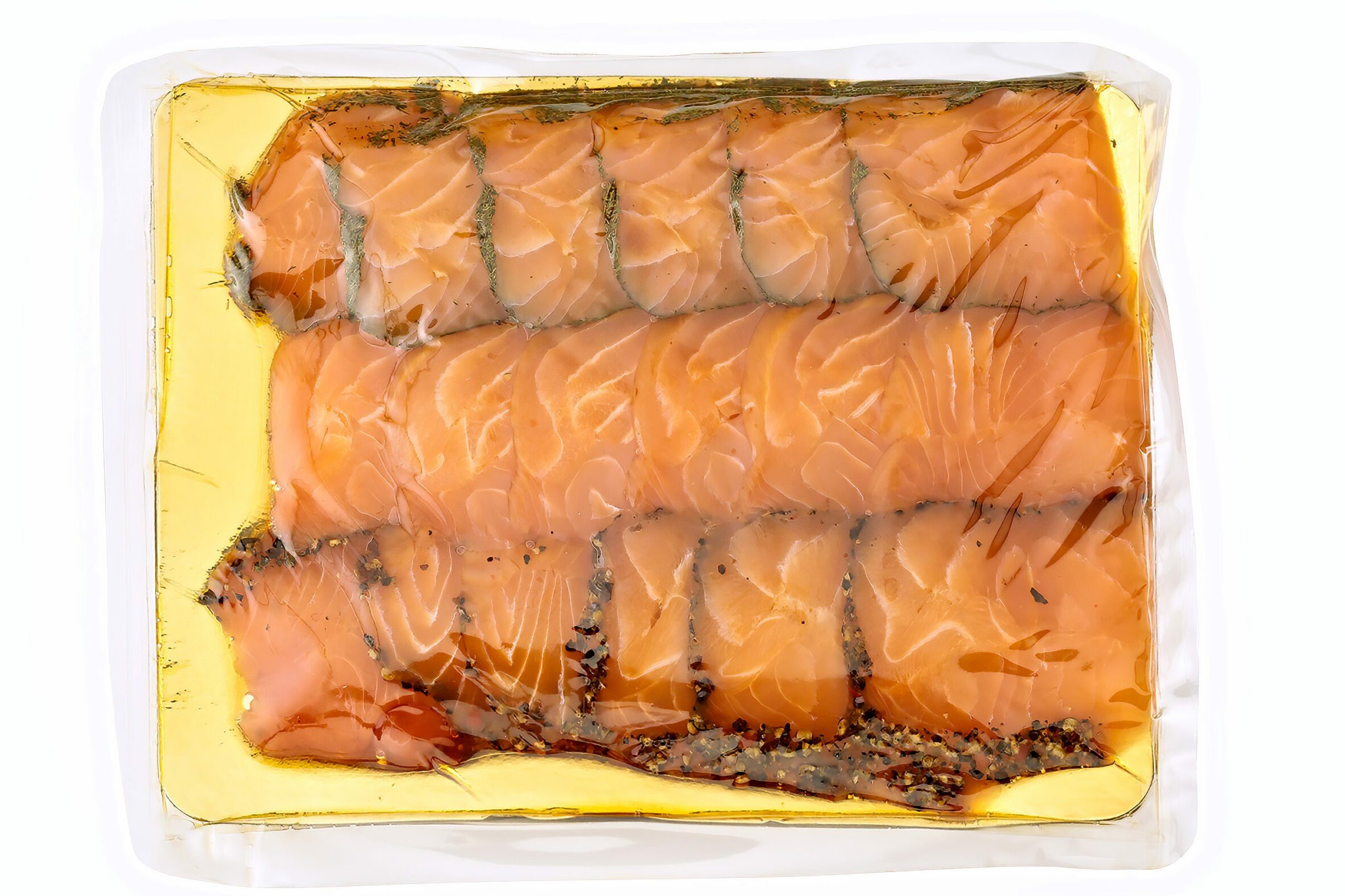 Smoked Salmon In A Plastic Tray Isolated On White